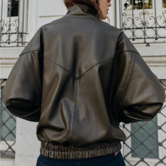 ZARA FAUX LEATHER HIGH COLLAR BOMBER JACKET - Picture 6 of 11